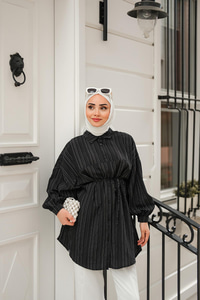 Asimetrik Çizgili Gömlek Siyah