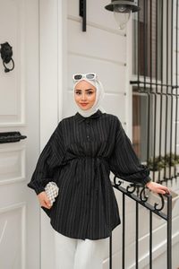 Asimetrik Çizgili Gömlek Siyah