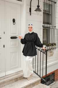 Asimetrik Çizgili Gömlek Siyah