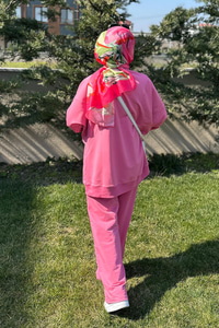 Asimetrik dikiş detaylı İkili Takım Pembe