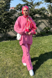 Asimetrik dikiş detaylı İkili Takım Pembe