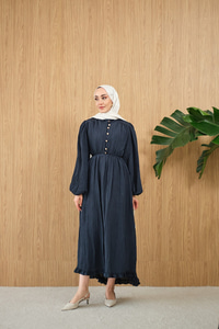 Asimetrik Fırfırlı Bel Bağlamalı Piliseli Elbise Lacivert