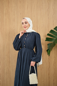 Asimetrik Fırfırlı Bel Bağlamalı Piliseli Elbise Lacivert