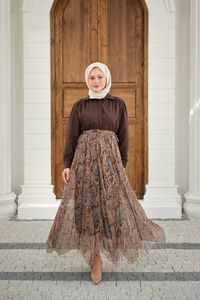 Asimetrik Kesim Etnik Desenli Şifon Etek Küf Yeşil