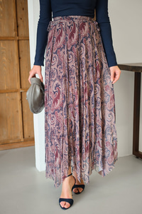 Asimetrik Kesim Etnik Desenli Şifon Etek Vişne Çürüğü