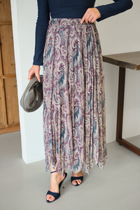 Asimetrik Kesim Etnik Desenli Şifon Etek Mor