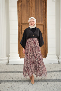 Asimetrik Kesim Etnik Desenli Şifon Etek Mürdüm