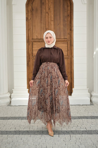 Asimetrik Kesim Etnik Desenli Şifon Etek Küf Yeşil