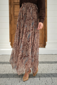 Asimetrik Kesim Etnik Desenli Şifon Etek Küf Yeşil