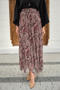 Asimetrik Kesim Etnik Desenli Şifon Etek Mürdüm