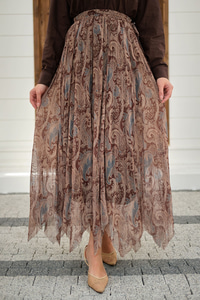 Asimetrik Kesim Etnik Desenli Şifon Etek Küf Yeşil