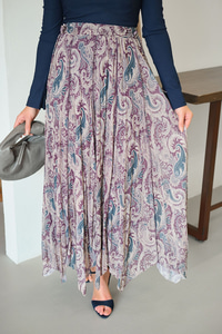 Asimetrik Kesim Etnik Desenli Şifon Etek Mor