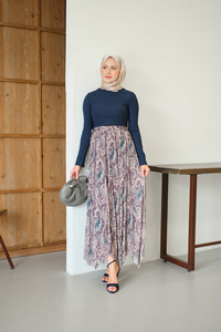 Asimetrik Kesim Etnik Desenli Şifon Etek Mor