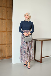 Asimetrik Kesim Etnik Desenli Şifon Etek Mor