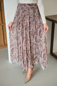 Asimetrik Kesim Etnik Desenli Şifon Etek Kahverengi