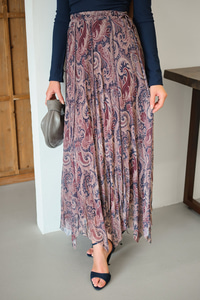 Asimetrik Kesim Etnik Desenli Şifon Etek Vişne Çürüğü