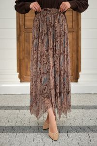 Asimetrik Kesim Etnik Desenli Şifon Etek Küf Yeşil