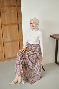 Asimetrik Kesim Etnik Desenli Şifon Etek Kahverengi