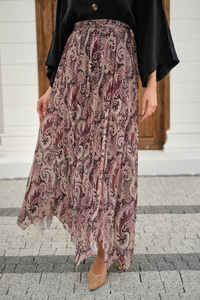 Asimetrik Kesim Etnik Desenli Şifon Etek Mürdüm