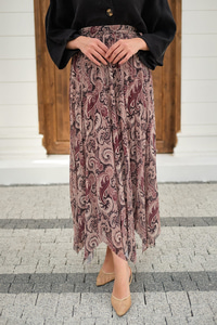 Asimetrik Kesim Etnik Desenli Şifon Etek Mürdüm