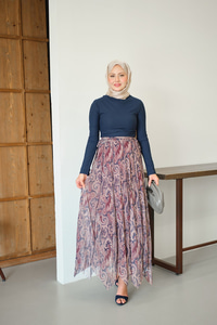 Asimetrik Kesim Etnik Desenli Şifon Etek Vişne Çürüğü