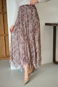 Asimetrik Kesim Etnik Desenli Şifon Etek Kahverengi