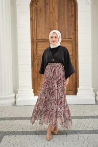 Asimetrik Kesim Etnik Desenli Şifon Etek Mürdüm