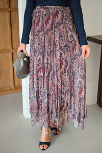 Asimetrik Kesim Etnik Desenli Şifon Etek Vişne Çürüğü