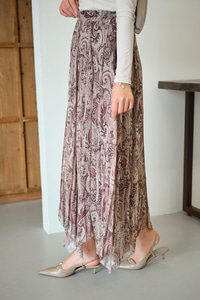 Asimetrik Kesim Etnik Desenli Şifon Etek Kahverengi