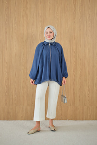 Astarlı Balon Kol Ceket İndigo Mavi