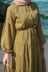 Astarlı Tül Elbise Yağ Yeşil