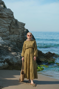 Astarlı Tül Elbise Yağ Yeşil