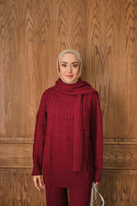 Atkı Detaylı Örgü Takım Bordo