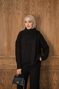 Atkı Detaylı Örgü Takım Siyah