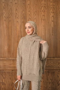 Atkı Detaylı Örgü Takım Vizon