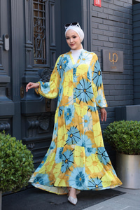 Ayçiceği Desenli Elbise Mavi-Sarı