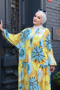 Ayçiceği Desenli Elbise Mavi-Sarı