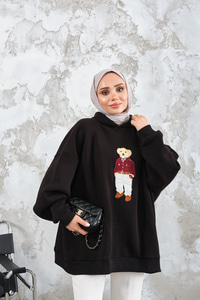 Ayıcık Nakışlı Sweat Siyah