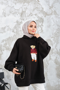 Ayıcık Nakışlı Sweat Siyah