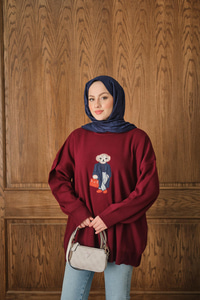 Ayıcık Nakışlı Triko Takım Bordo