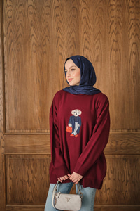 Ayıcık Nakışlı Triko Takım Bordo