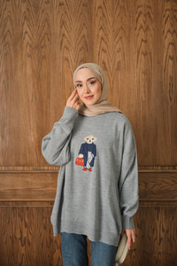 Ayıcık Nakışlı Triko Takım Gri