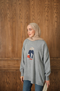 Ayıcık Nakışlı Triko Takım Gri