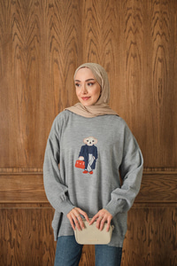 Ayıcık Nakışlı Triko Takım Gri