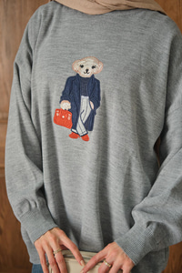 Ayıcık Nakışlı Triko Takım Gri