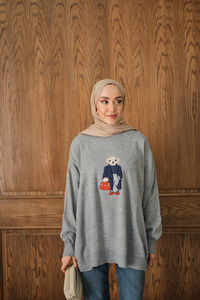 Ayıcık Nakışlı Triko Takım Gri