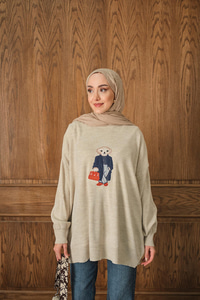 Ayıcık Nakışlı Triko Takım Krem