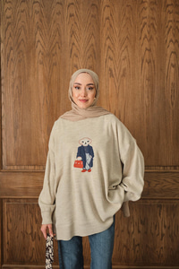 Ayıcık Nakışlı Triko Takım Krem