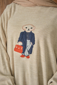 Ayıcık Nakışlı Triko Takım Krem