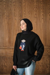 Ayıcık Nakışlı Triko Takım Siyah